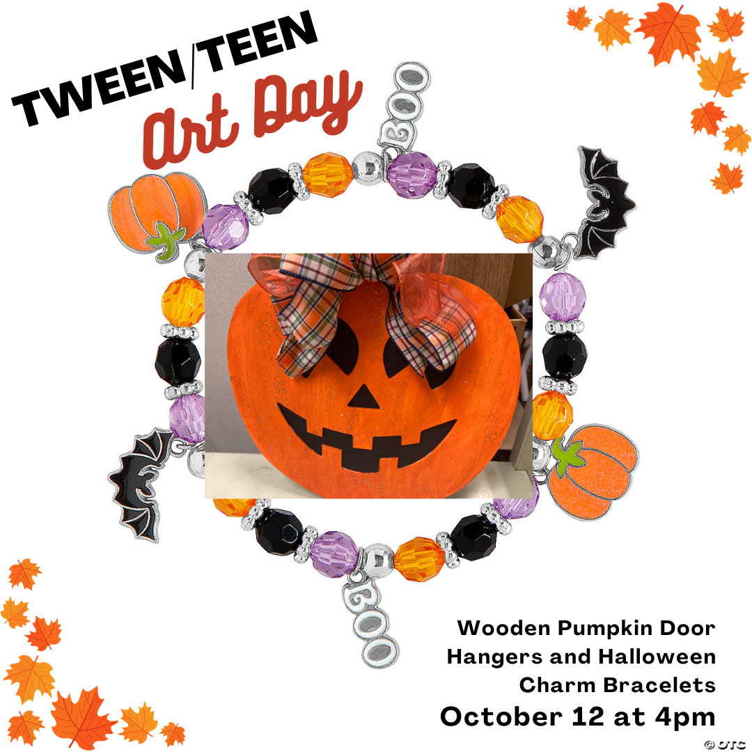 Bracelet and pumpkin door hanger over white background with leaves. Informational text reads that program will be on October 12 at 4pm